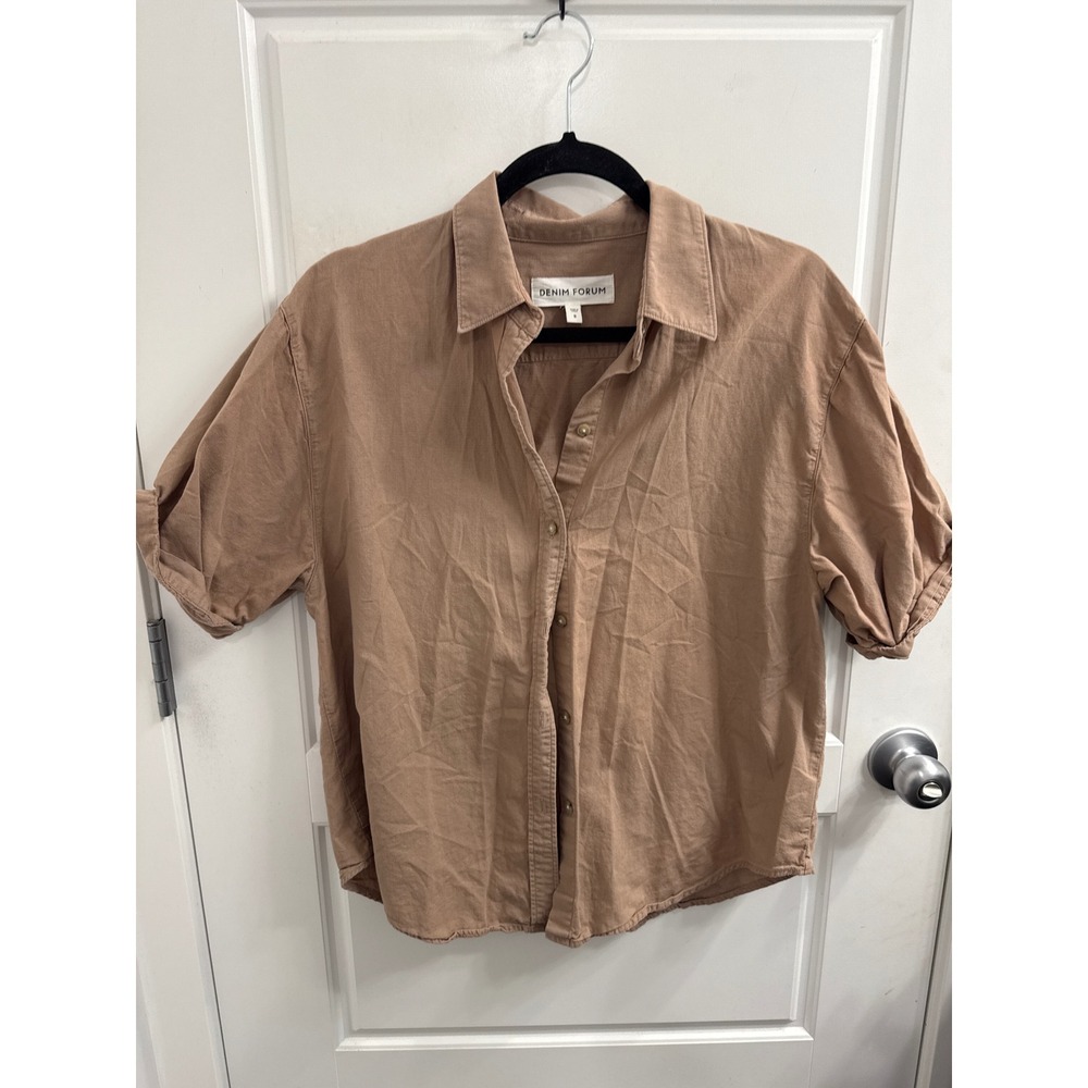 Denim Forum‎ Womens Short Sleeve Button Down Shirt Tan Brown Size S Relaxed Fit